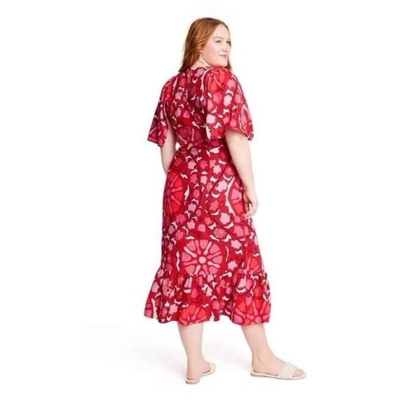 Rhode dress Red Zinnia Floral Print Bell Sleeve Keyhole Back Midi summer spring - Picture 2 of 15